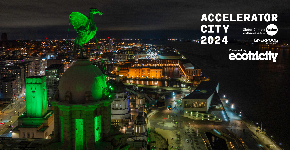 Image of the Liverpool skyline with the Royal Liver Building lit up green and the text Accelerator City