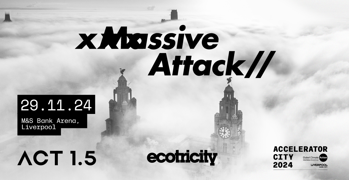 Skyline of Liverpool surrounded by fog and clouds with the Royal Liver Building and Anglican Cathedral popping through, with the text Massive Attack and their performance date at M&S Bank Arena on 29 November 2024