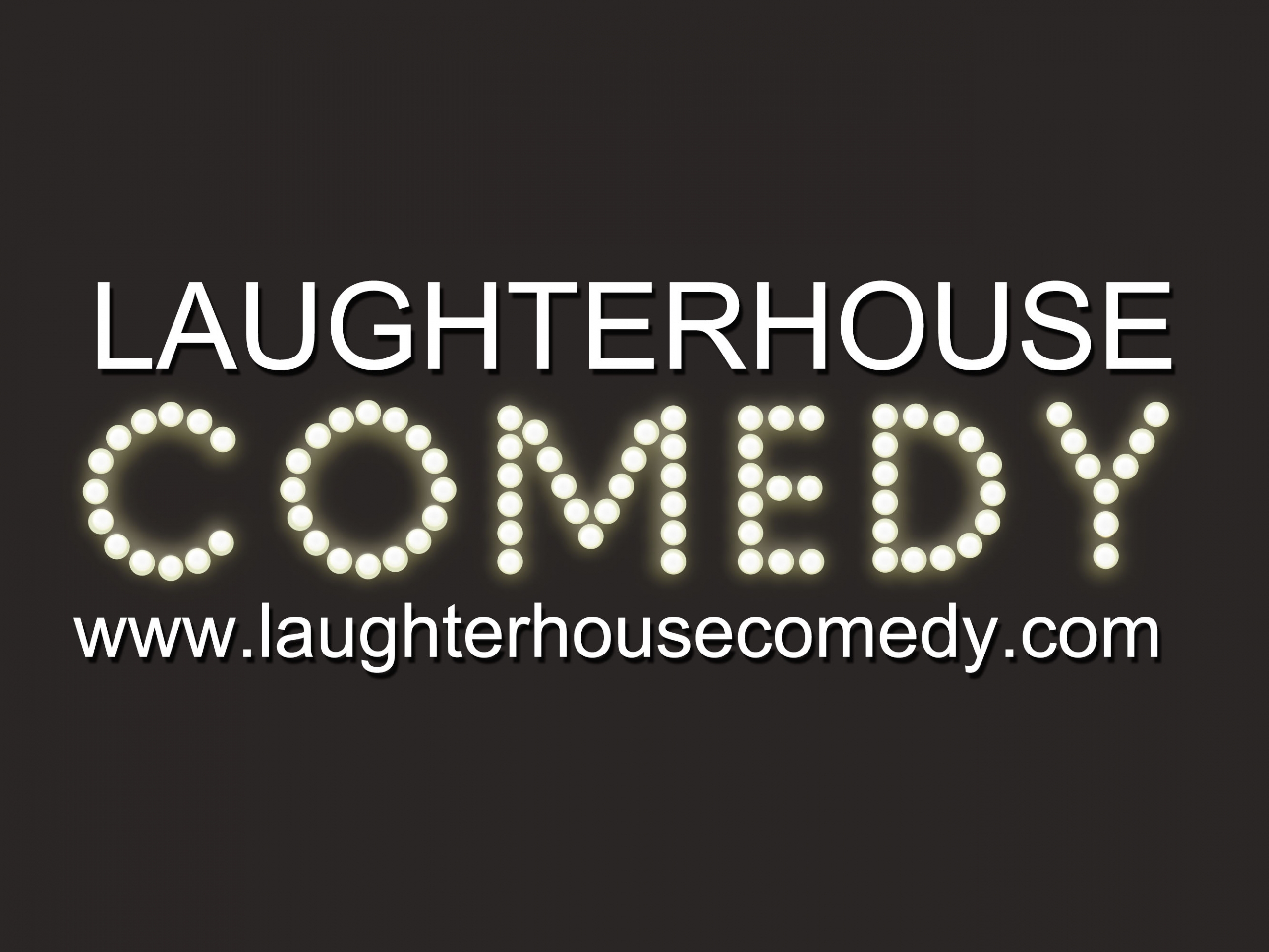 black box with lit up words in bulbs saying LAUGHTERHOUSE COMEDY